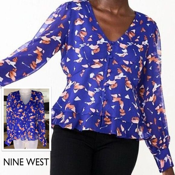 Nine West Long Sleeve V-Neck Button Front Blouse, Size Small - Picture 1 of 12